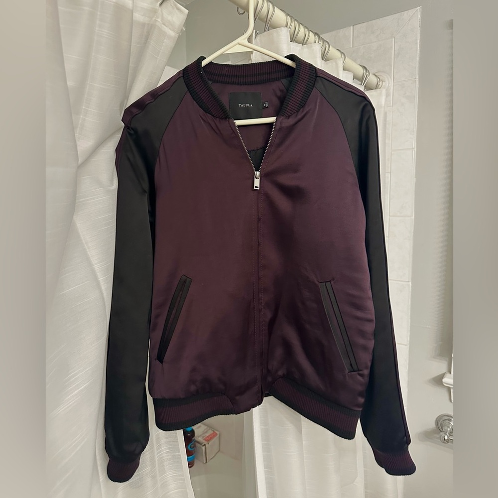 Aritzia satin varsity jacket purple and black size m  talula